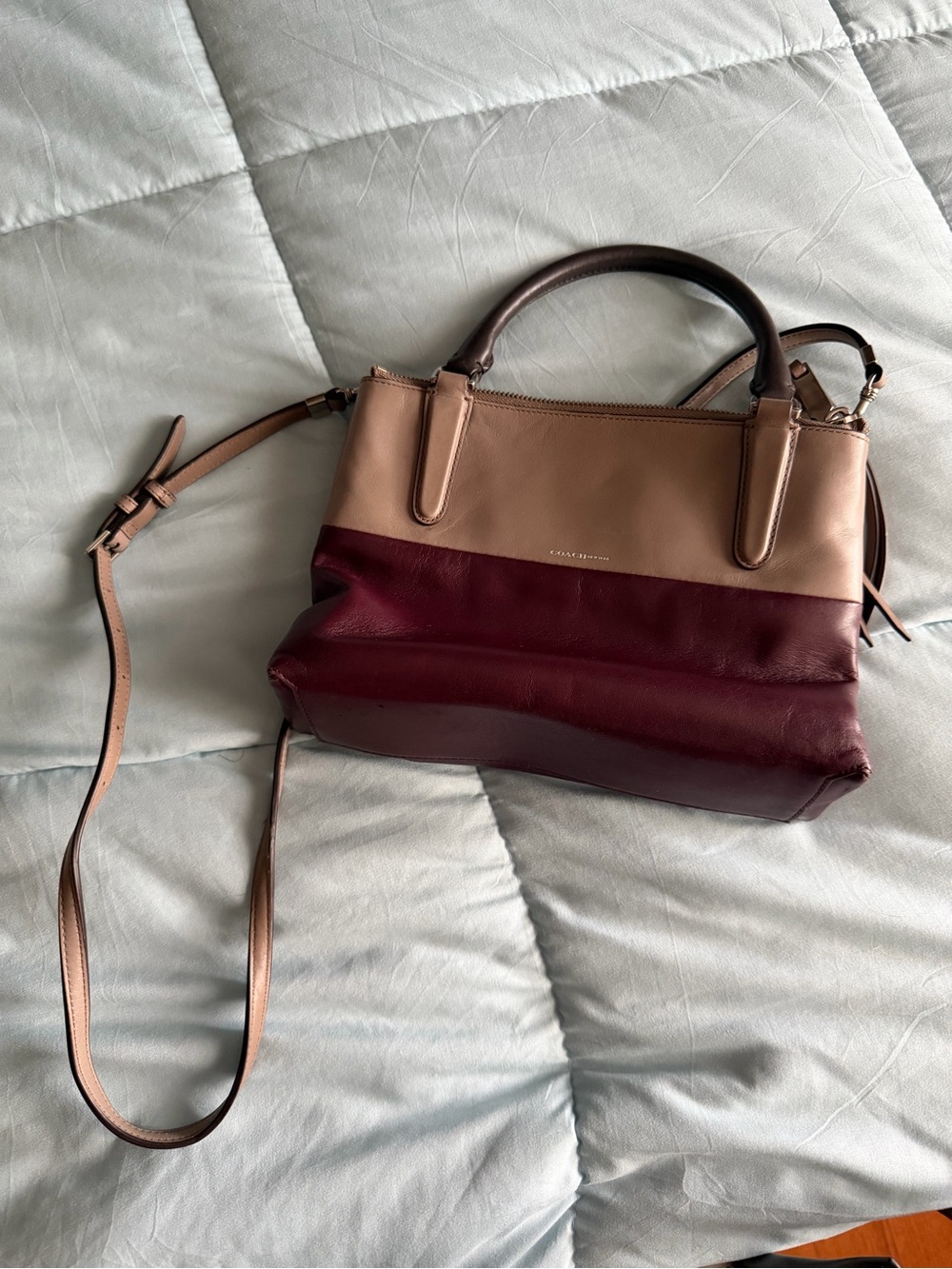 Coach Two-Tone Satchel in Burgundy and Nude Leather